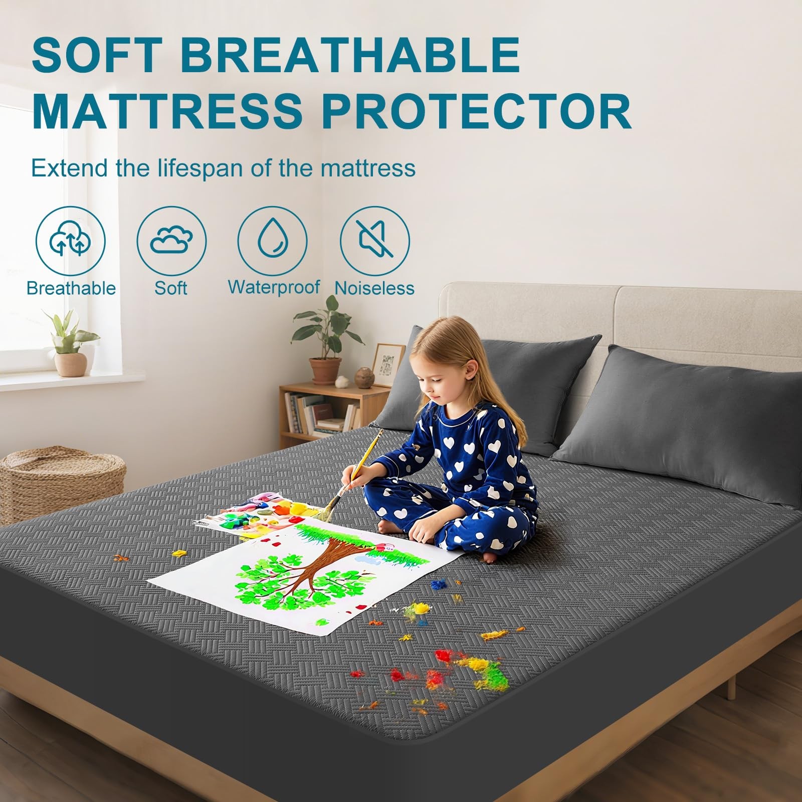 GOPOONY Waterproof Mattress Protector Queen Size – Breathable, Queen, Gray