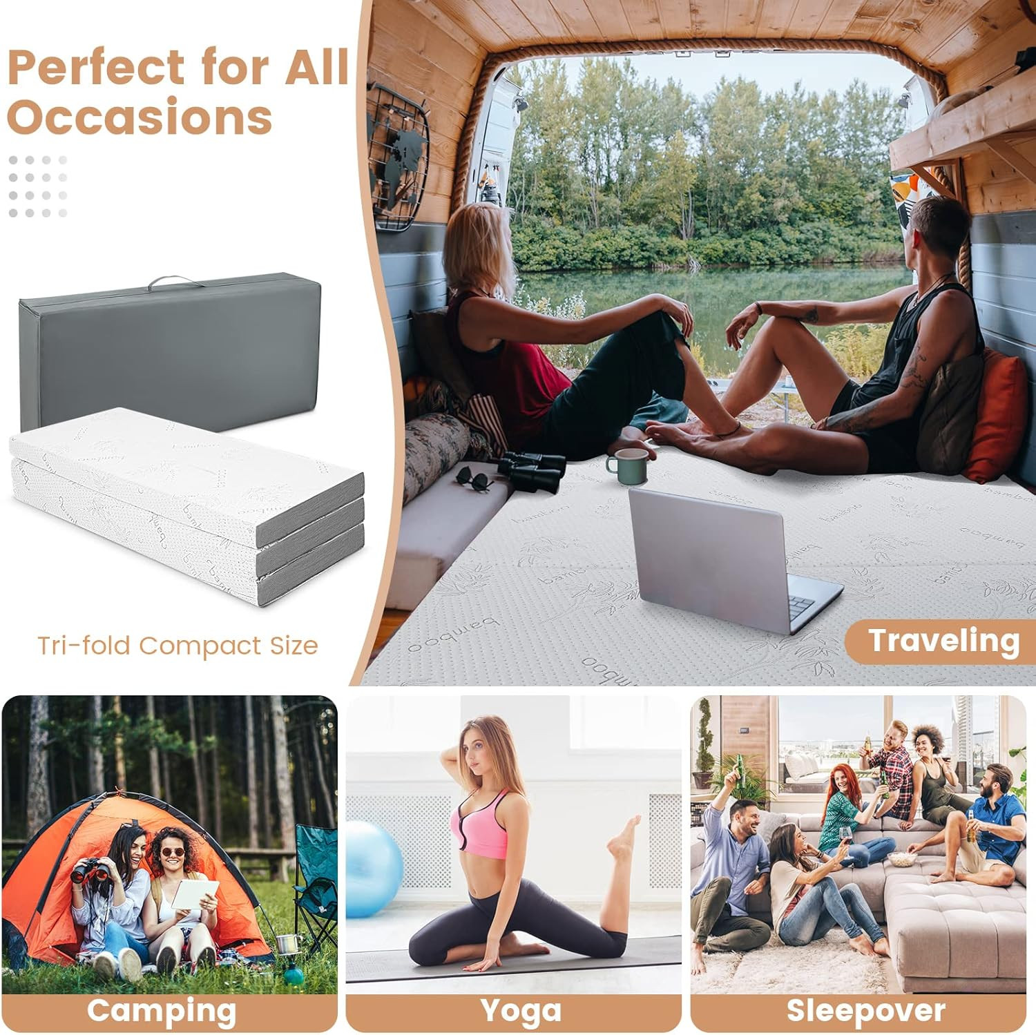 Folding Mattress, 4 Inch Gel-Infused Tri-Fold Mattress with Bamboo Cover & Carry