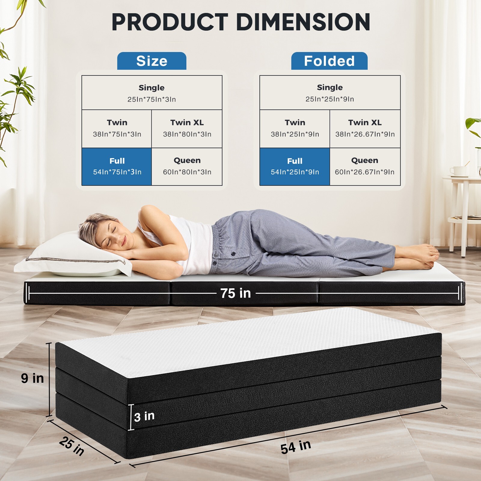 Tri-fold Memory Foam Mattress, Portable Floor Bed, Foldable Mat for Bedroom