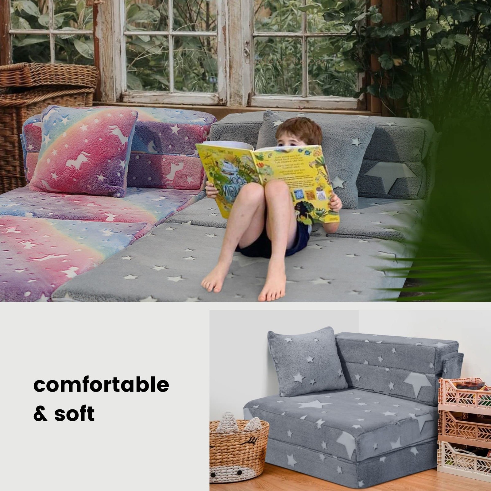 Kids Tri-Fold Sofa Bed – Glow Star Floor Mattress & Foldable Futon Chair Conv…