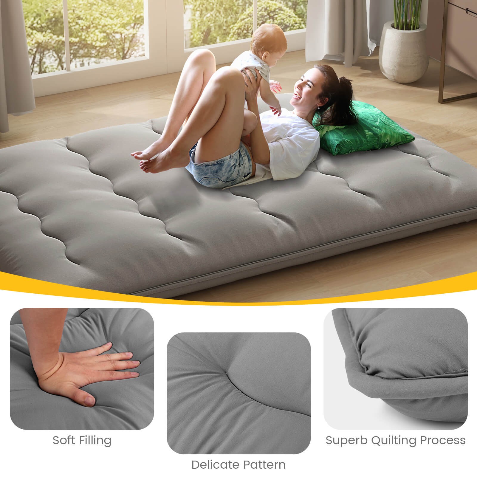 Full Futon Mattress Japanese Sleeping Pad Lounge Bed w/ Washable Cover Gray