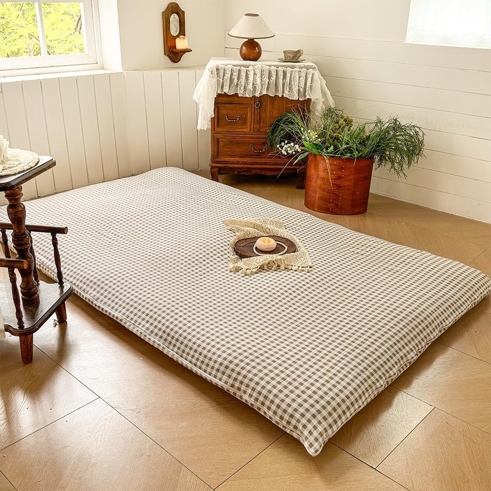 Floor Mattress Cover Gingham Checkered Futon Cover Guest Bed Japan Taupe Full