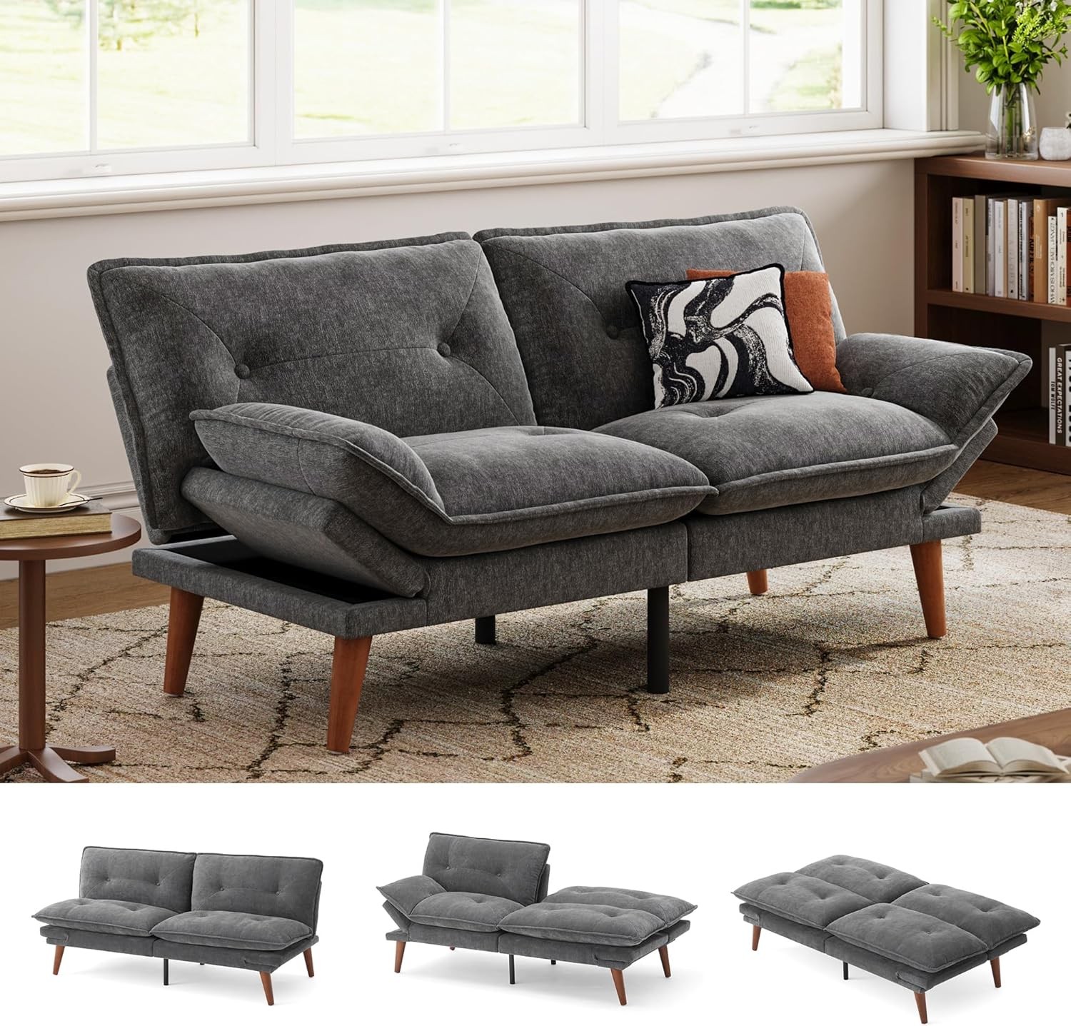 Futon Sofa Bed, 70″ Chenille Futon Couch with Adjustable