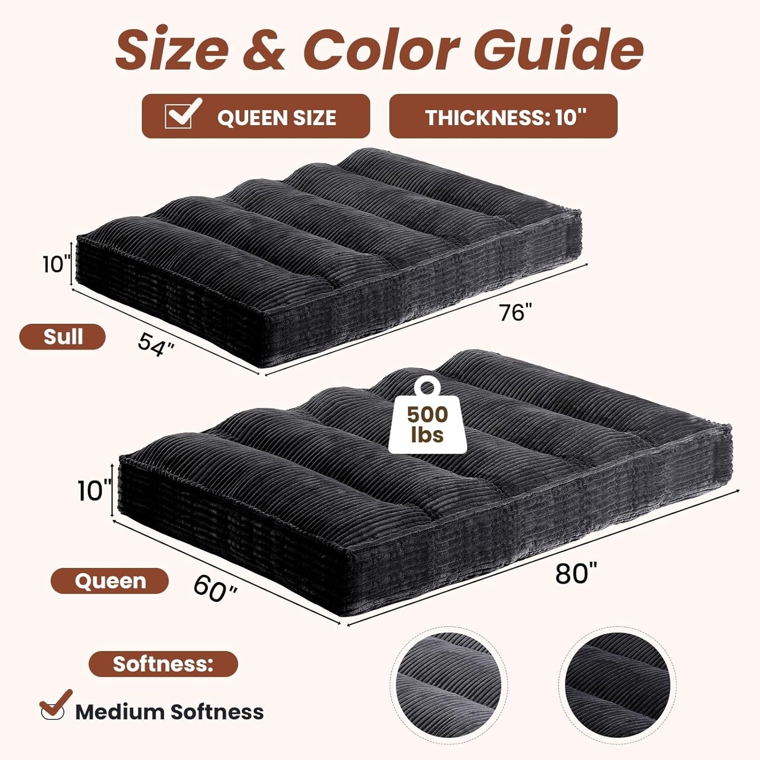 10″ Futon Mattress Queen Size,Futons Sofa Couch Bed with Straps, Thick Corduroy