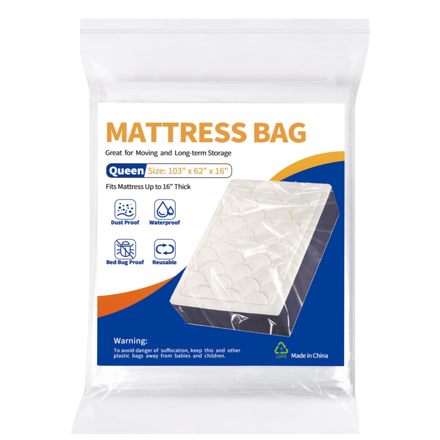 Mattress Bag for Moving Storage – Plastic Waterproof Queen, Clear