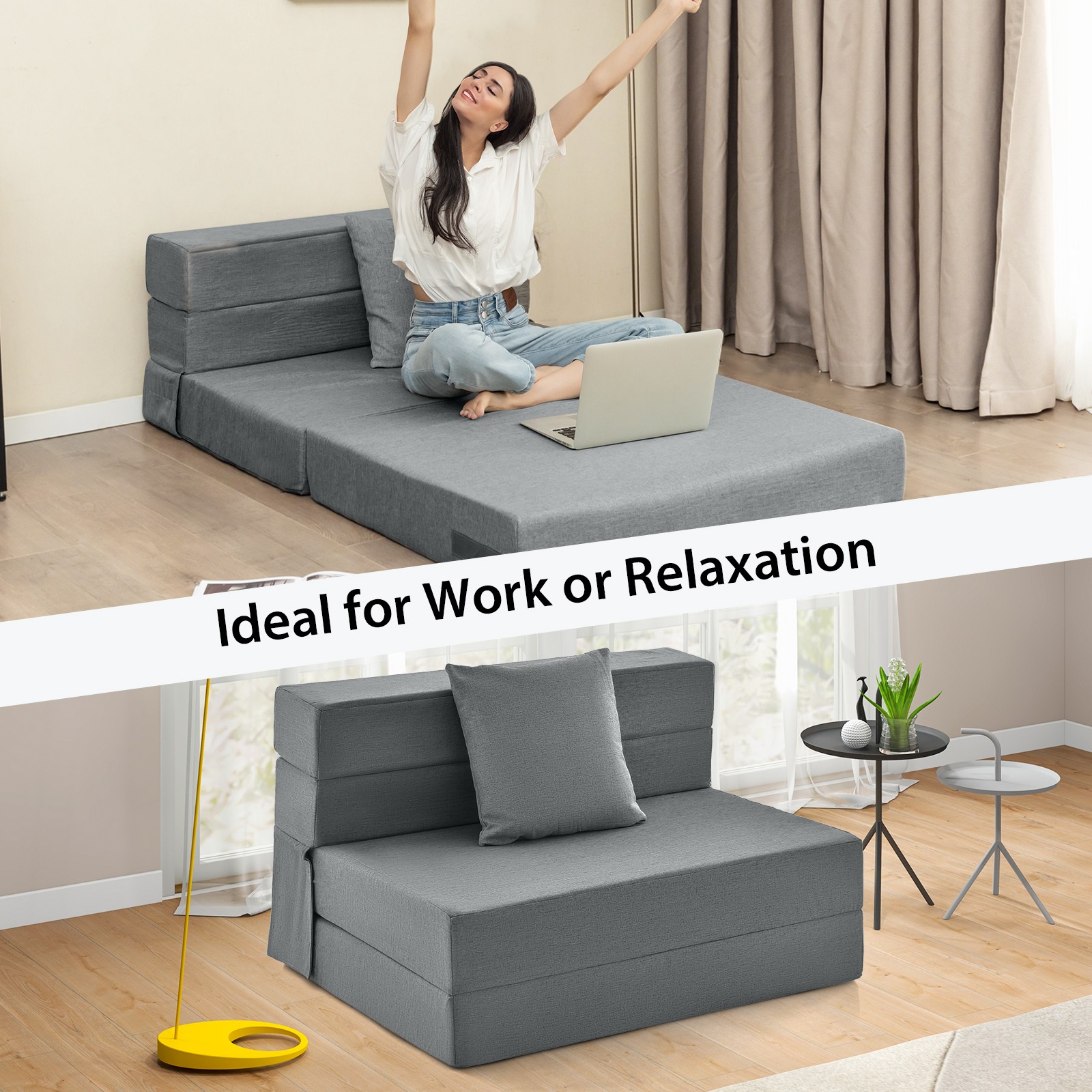 Folding Mattress w/ Pillow 6 Inch Tri-fold Sofa Bed w/ High-Density Foam