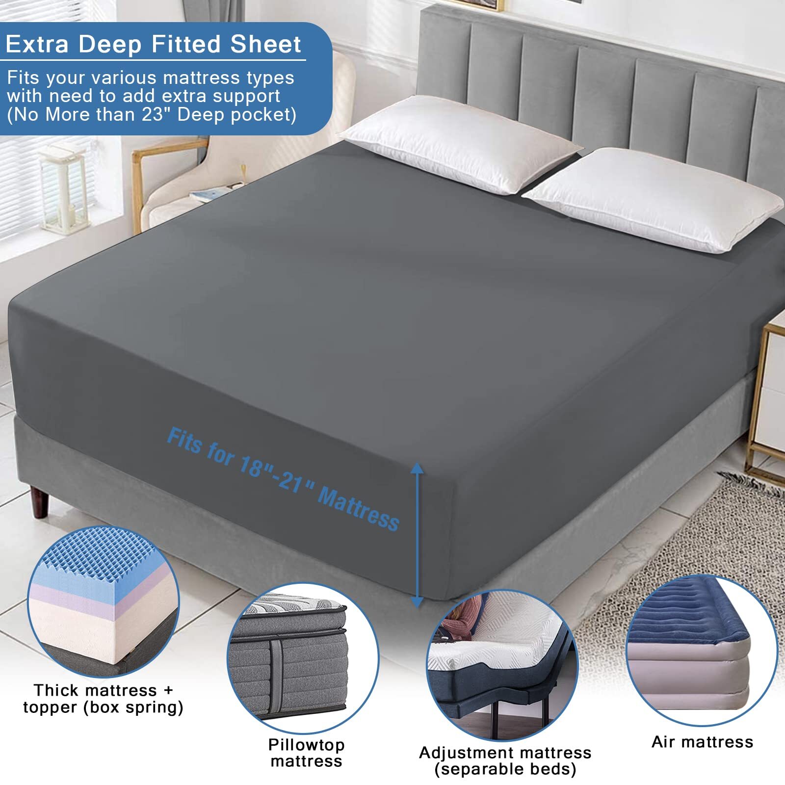 Gray Twin XL Fitted Sheet Deep Pocket for 18-21 Inch Mattress Extra Soft