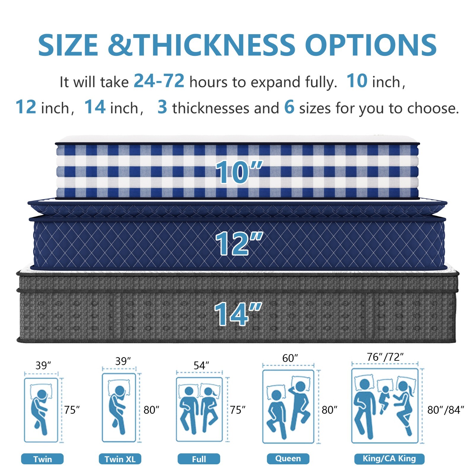 10″ 12″ 14″ Twin XL Full Queen King Mattress Hybrid Foam Pocket Coils In a Box