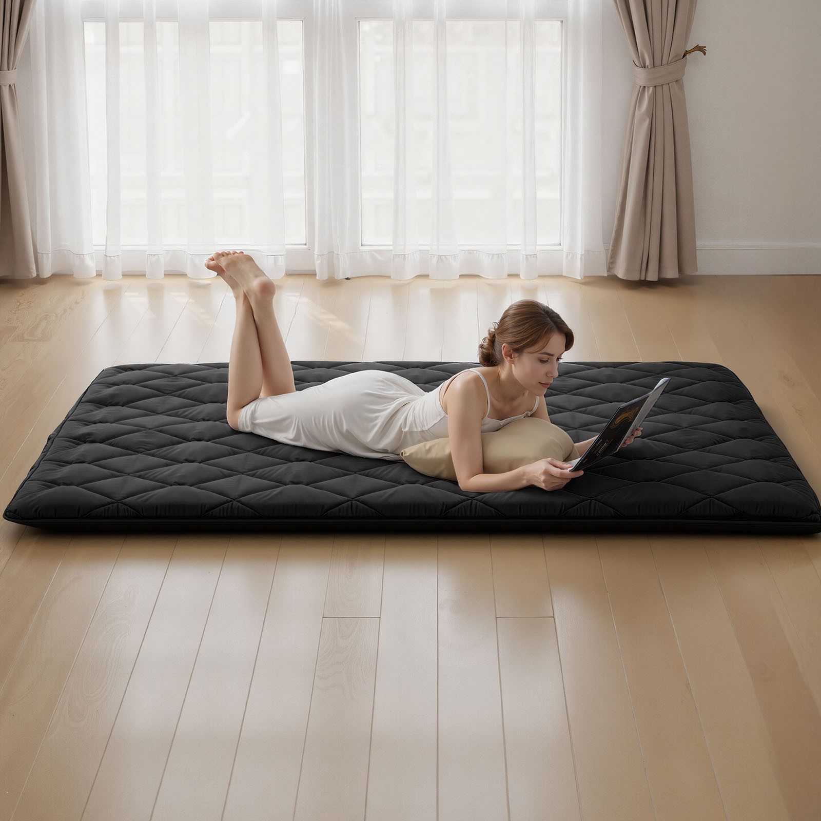 VEVOR Japanese Tatami Mat Queen Foldable Futon Mattress with Storage Bag Black