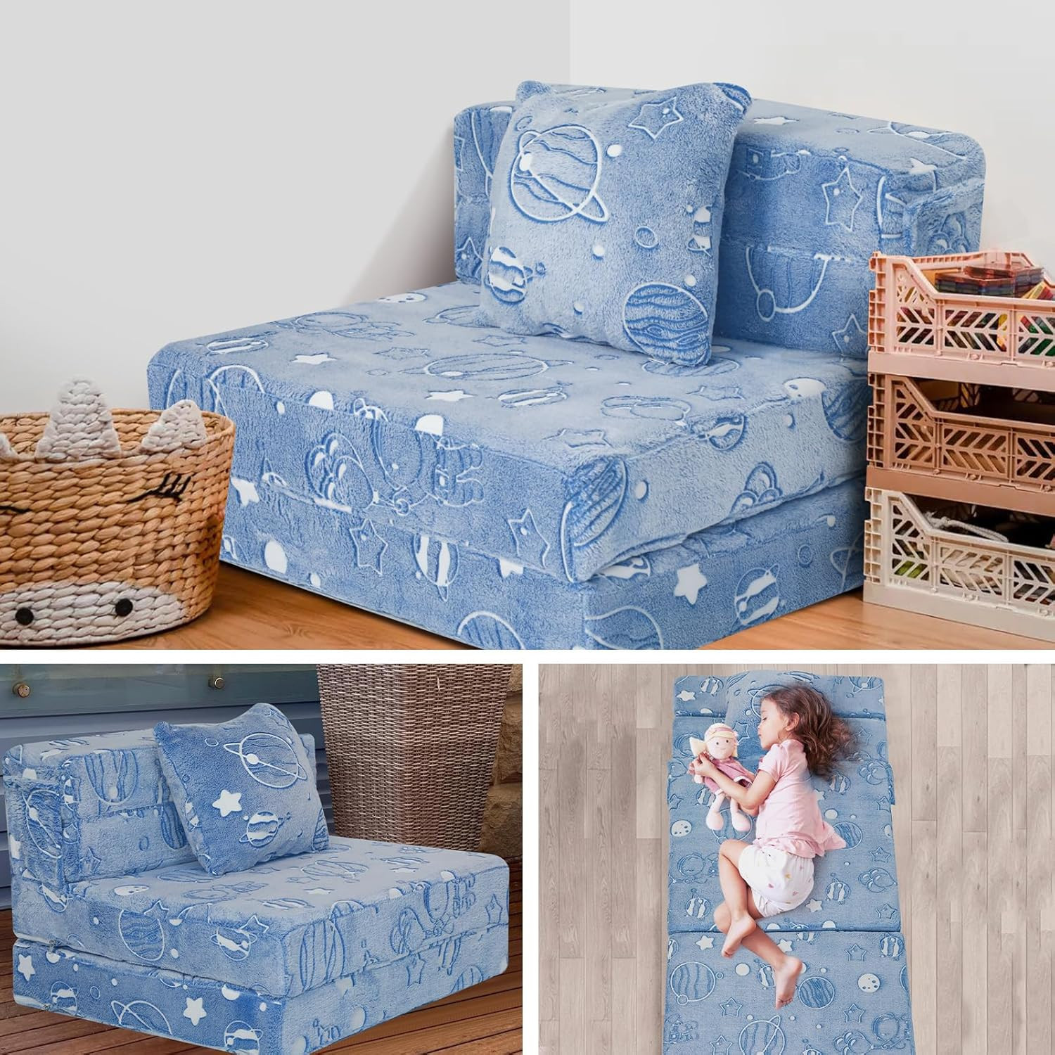 Glow Space-Themed Tri-Fold Sofa Bed for Kids, Foldable Futon Chair and Floor Cou