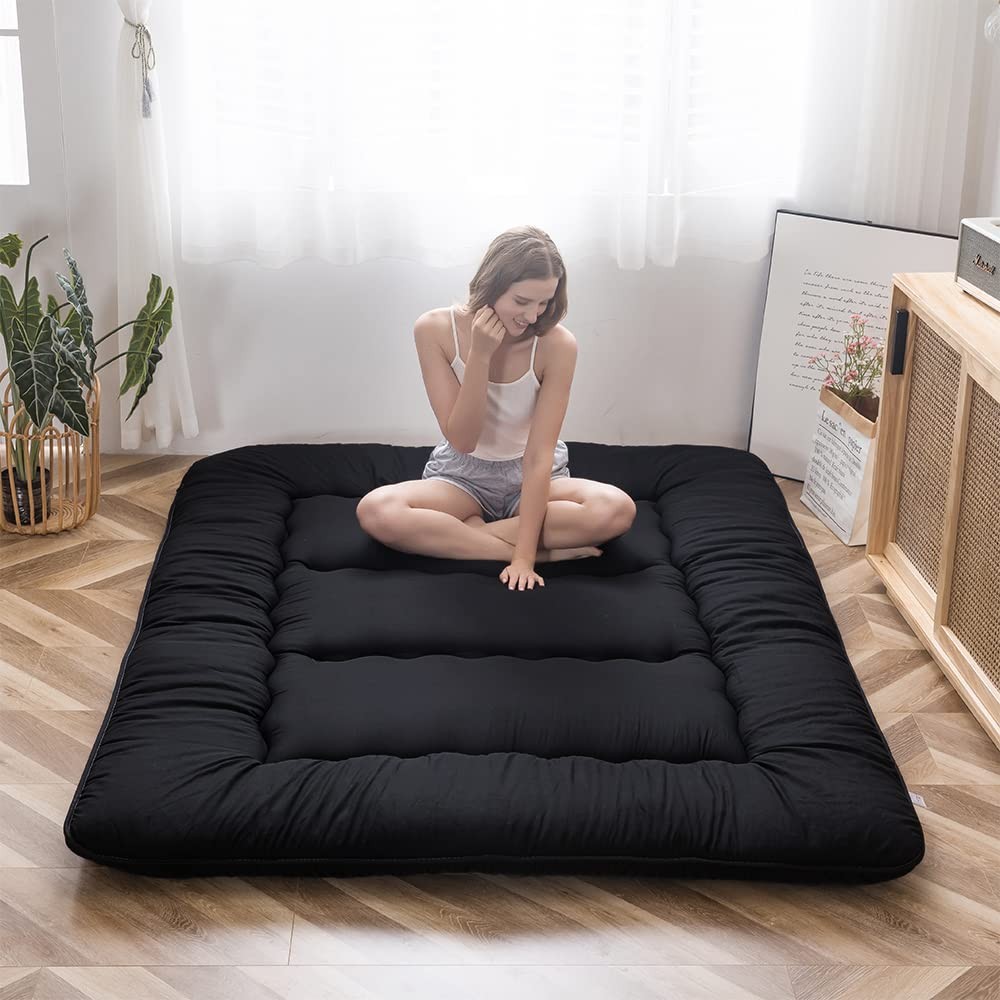 Japanese Floor Mattress Futon, 4″ Tatami Mat, Foldable Sleeping Pad, Full, Black