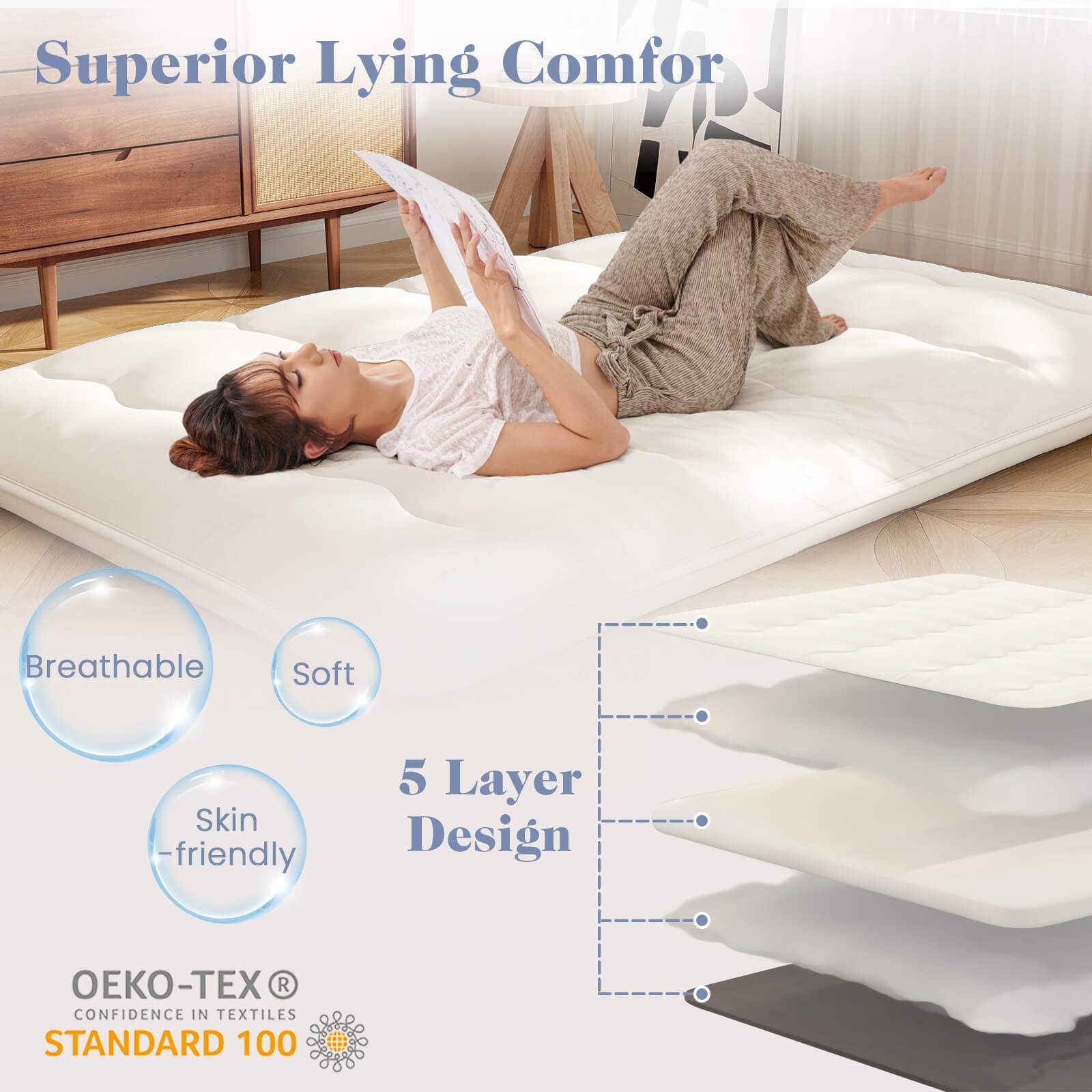 Full Futon Mattress Japanese Sleeping Pad Lounge Bed w/ Washable Cover Beige