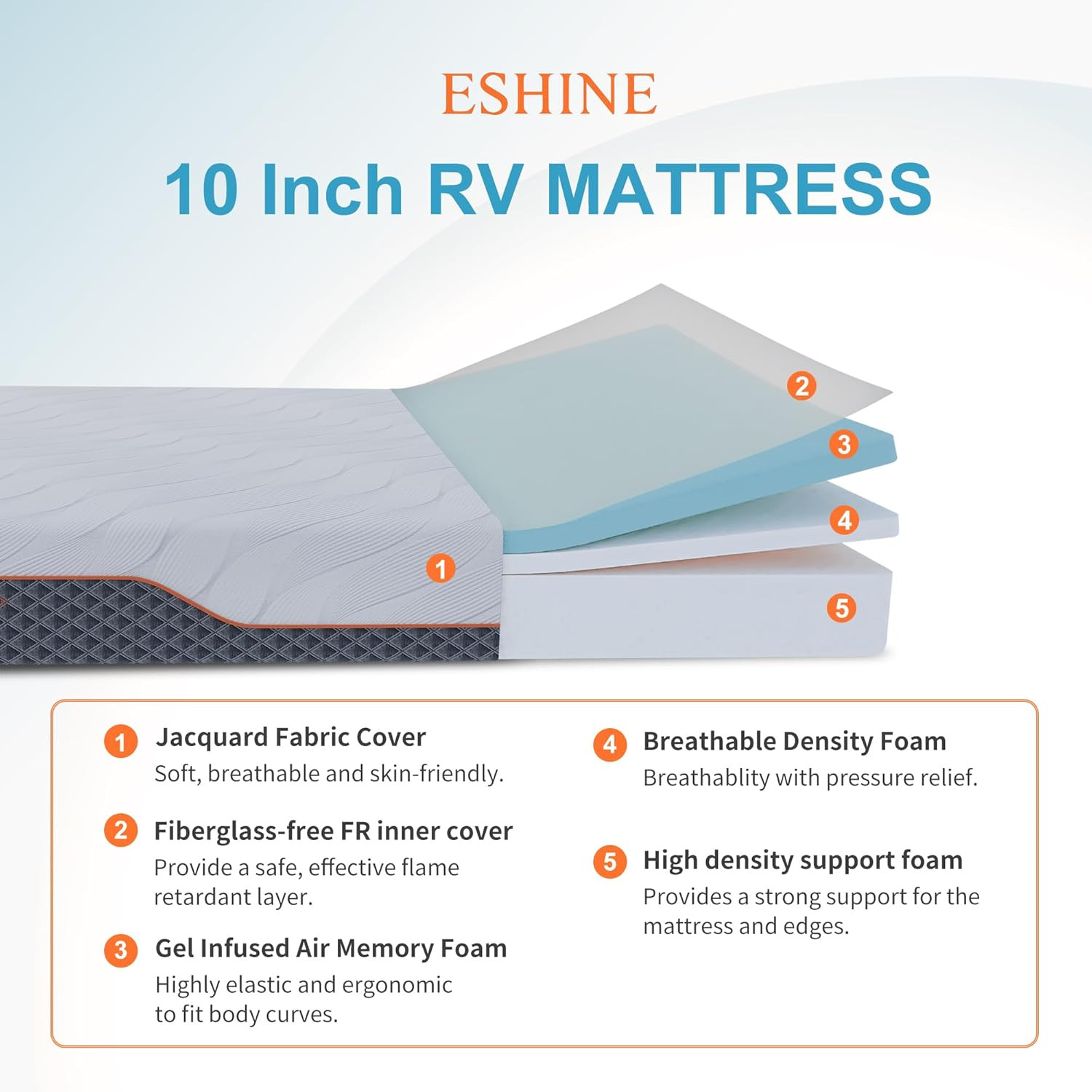 ESHINE Short Queen RV Mattress – 10″ Memory Foam RV Mattress, Shock-Absorbing an