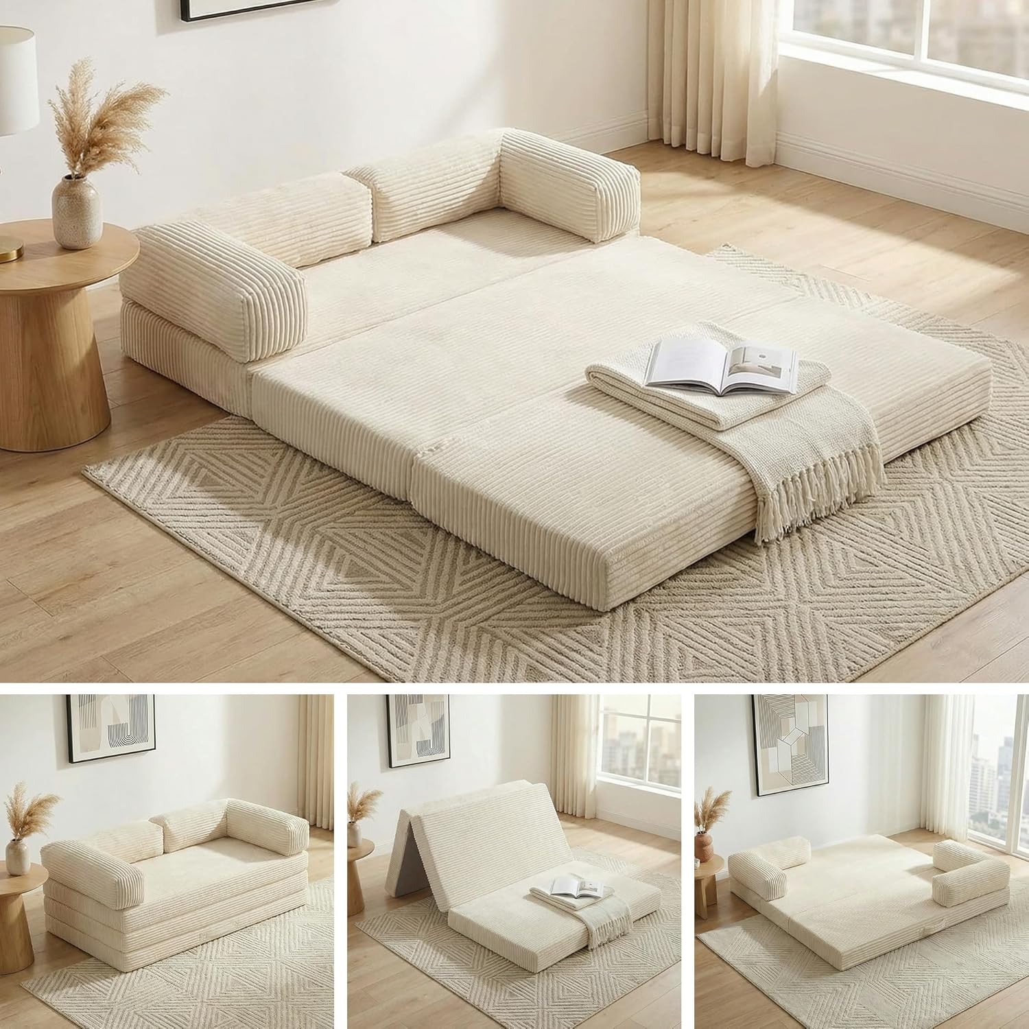 Convertible Sofa Bed Queen,5-in-1 Tri-Fold Bonel Couch with Removable