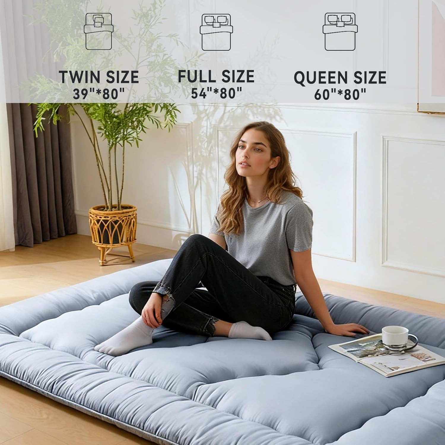 Japanese 3.5″ Thick Futon Mattress, Portable Tatami Bed for Adults & Kids