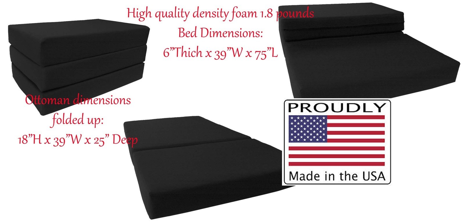 Twin Trifold Foam Beds, High Density Folding Mattresses 6x39x75, Black