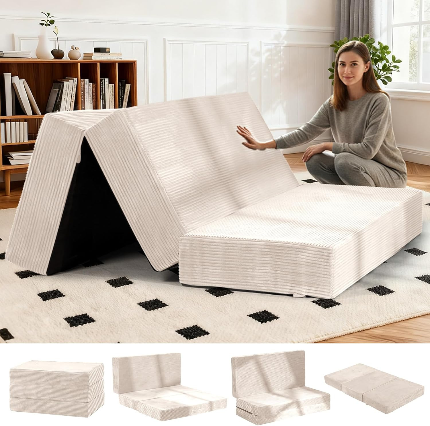 6-Inch Tri-Fold Foldable Mattress, Folding Sofa Bed with Removable Washable Cove