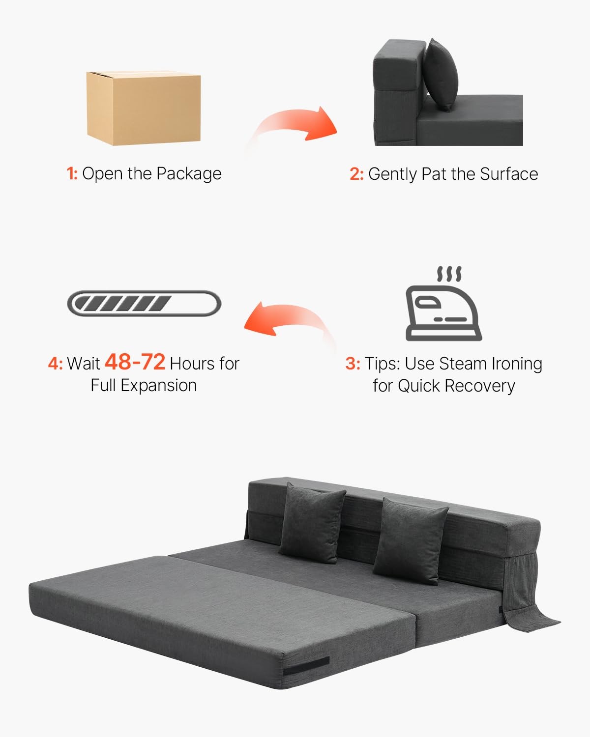 VEVOR Folding Sofa Bed, 3-in-1 Foldable Couch Bed with 2 Queen, Dark Grey