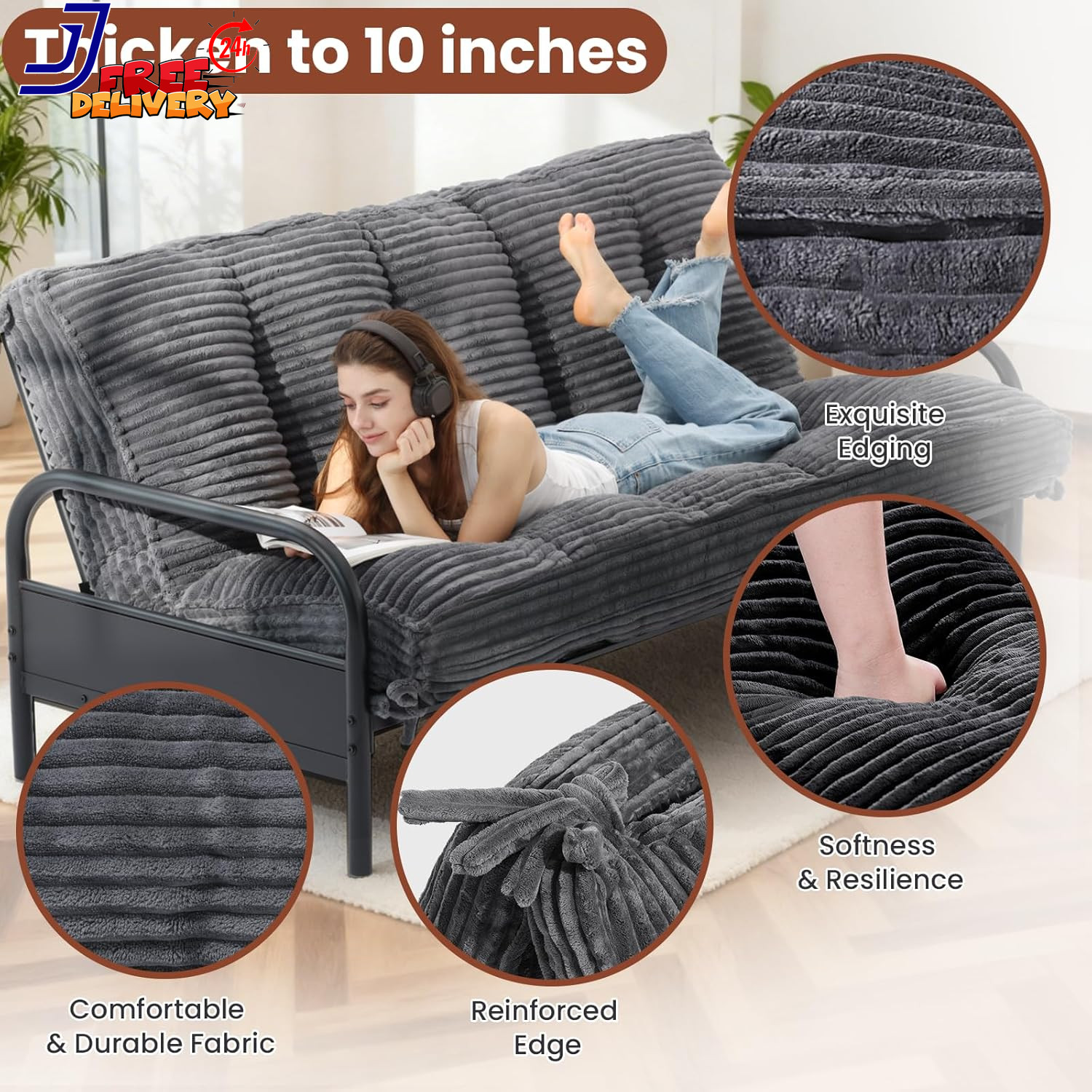 10″ Futon Mattress Queen Size Futons Sofa Couch Bed with Straps Thick Corduroy