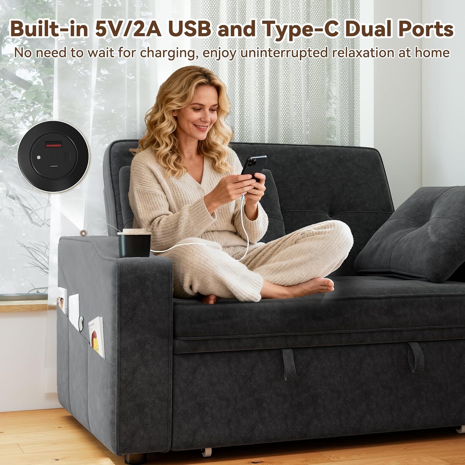 Sleeper Sofa Bed, 3-in-1 Loveseat Sofa with USB Charging Ports,