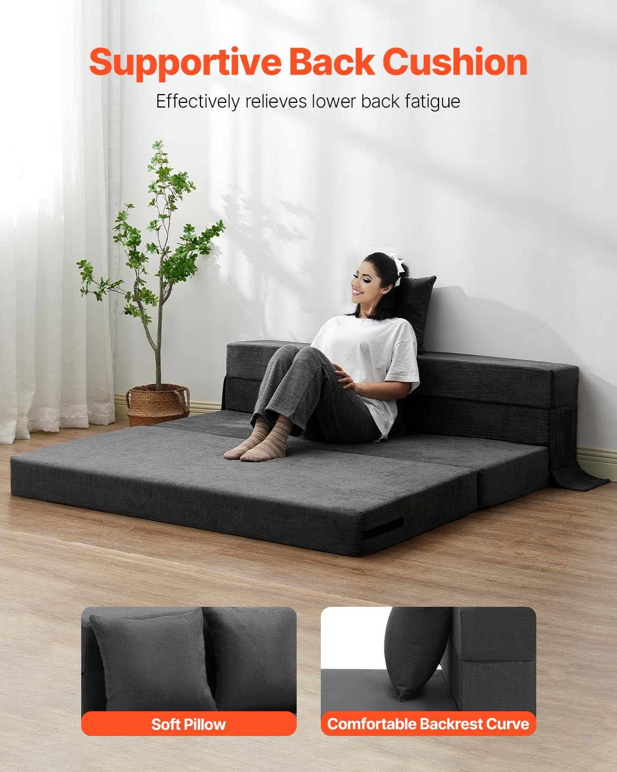 VEVOR Folding Sofa Bed, 3-in-1 Foldable Couch Bed with 2 Queen, Dark Grey