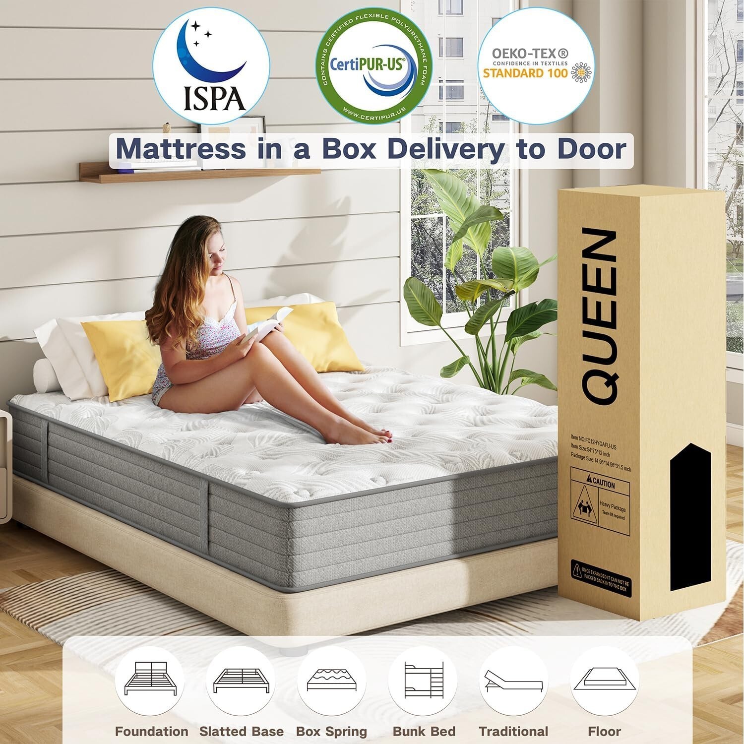 KOW Motion Isolation Mattress Queen Size 12+inch, Medium Plush Mattress in a Box