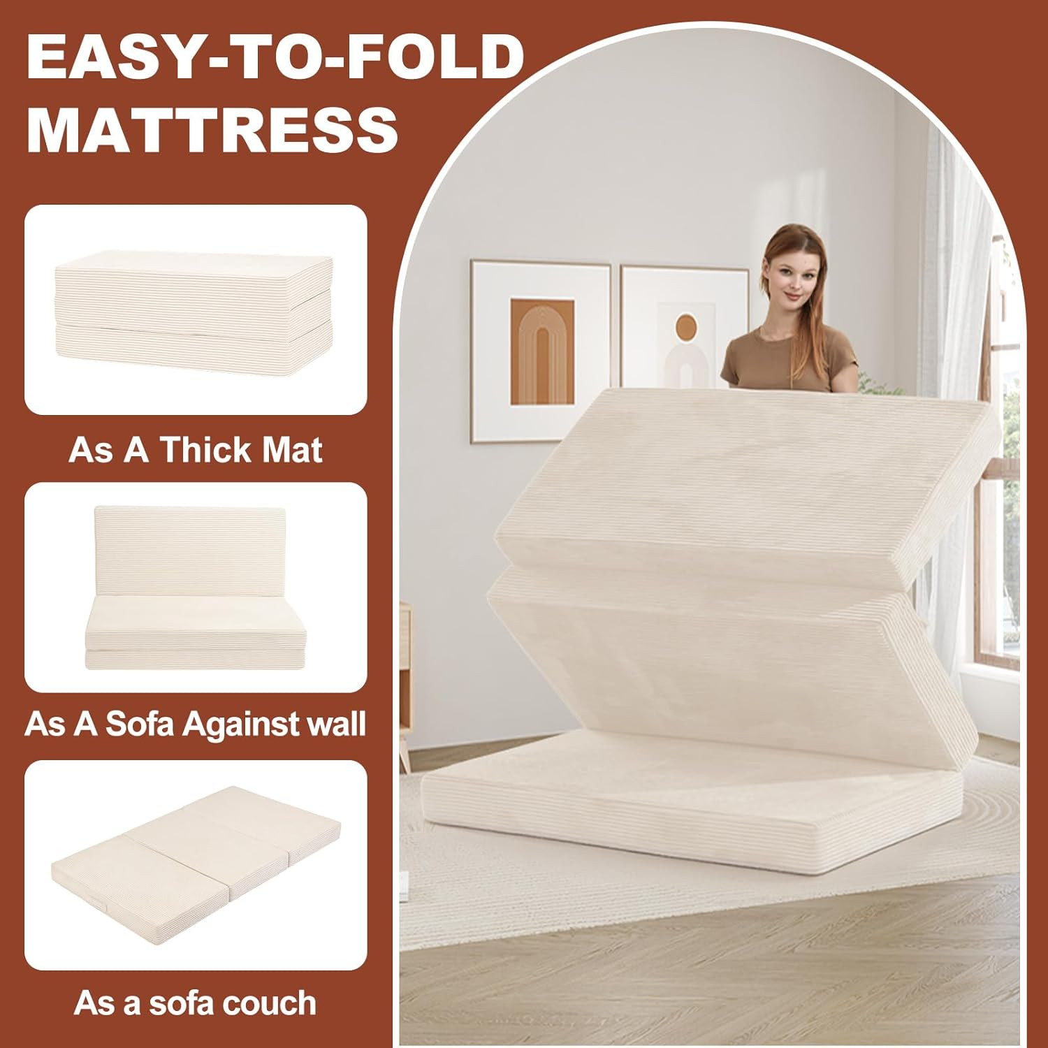6-Inch Tri-Fold Foldable Mattress, Folding Sofa Bed with Removable Washable Cove