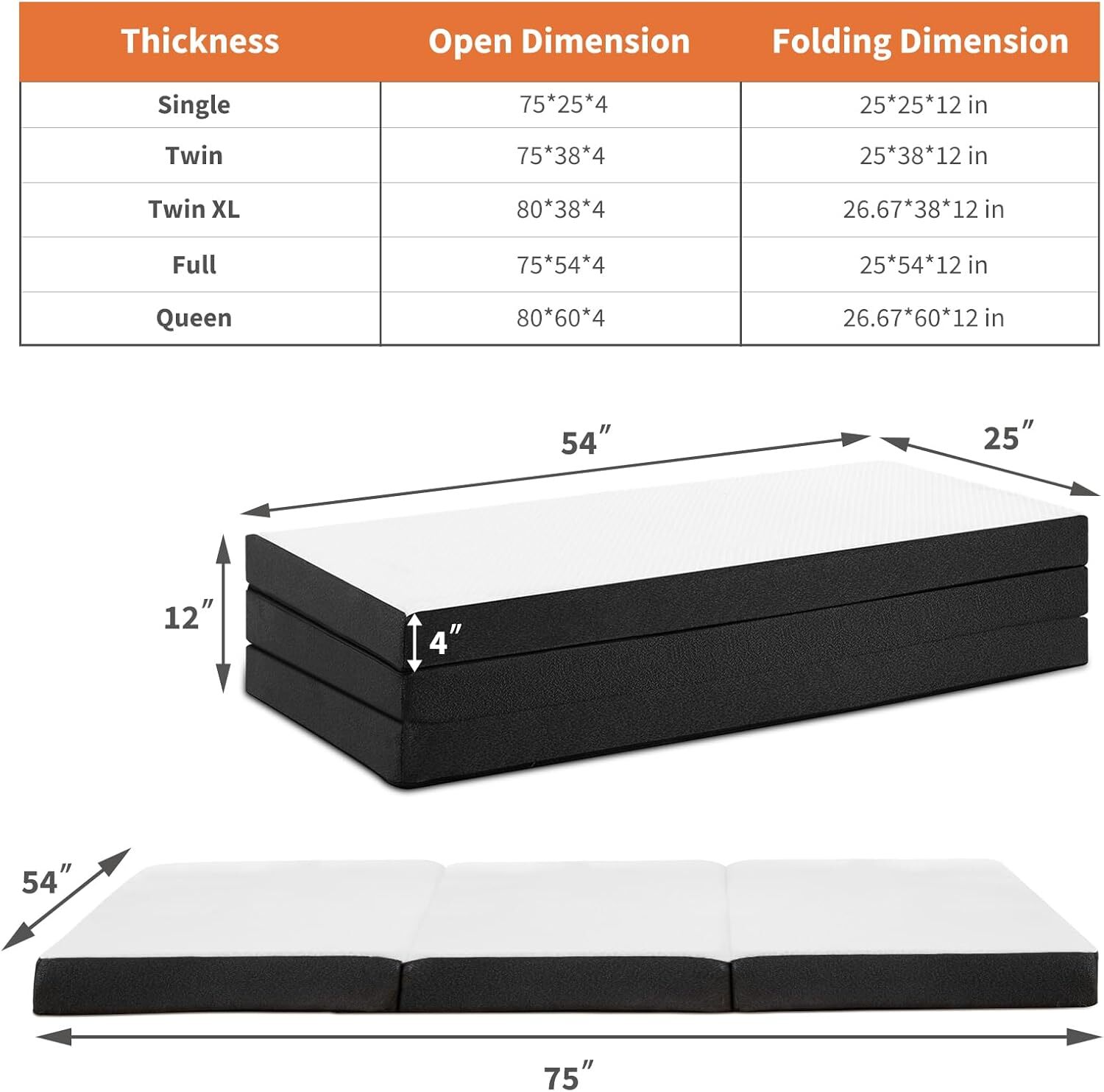 Folding Mattress Full 4-Inch Tri-Fold Mattress with Washable Cover Floor Bed
