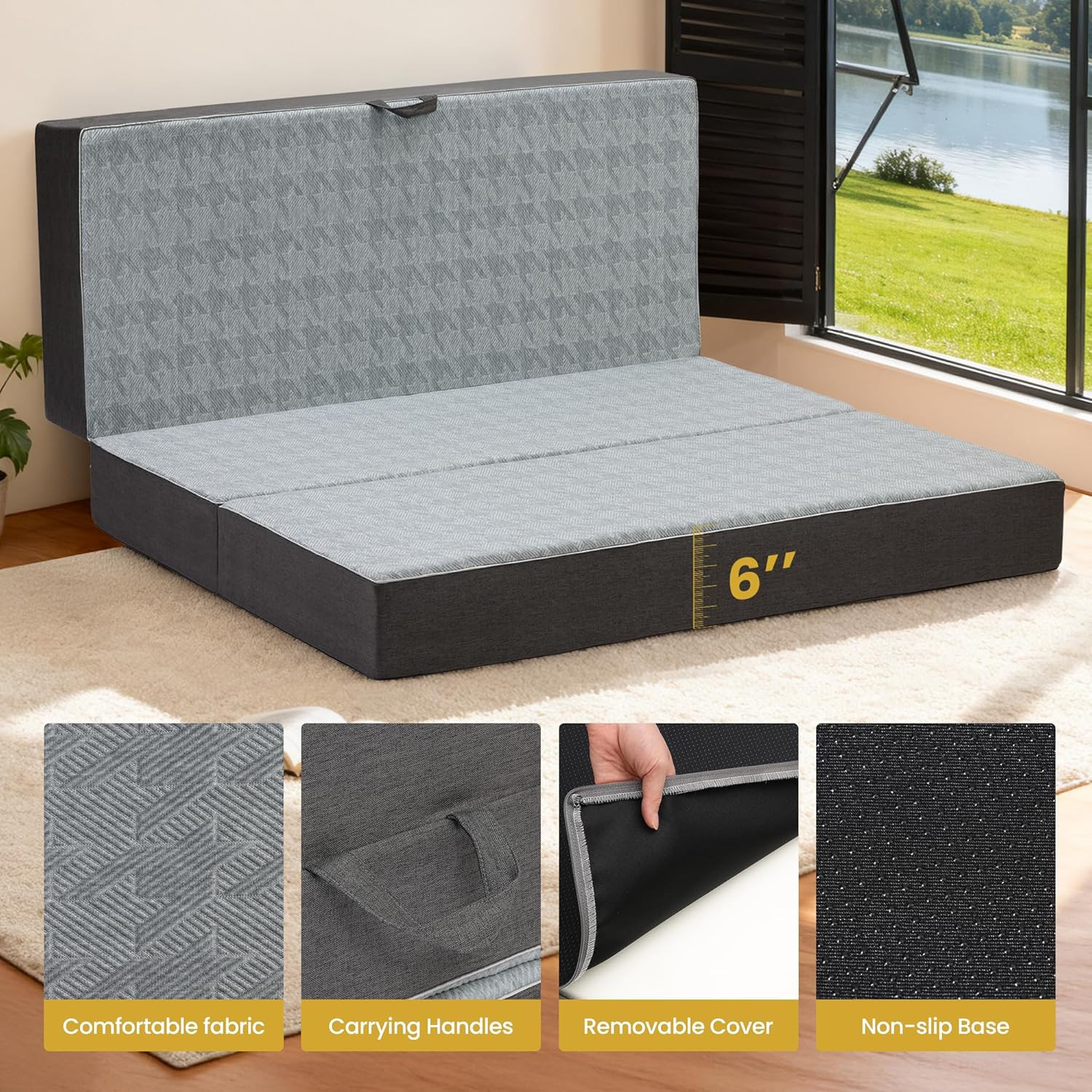Queen Size Tri-Fold Memory Foam Mattress – 6 Inch Portable Folding Bed