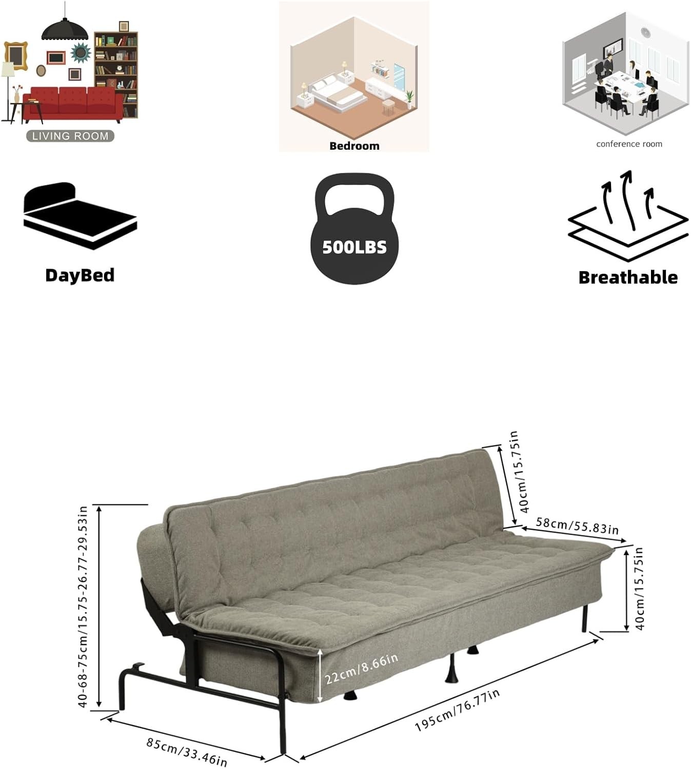 Modern Grey Futon Sofa Bed, 3-Posit Adjustable Barest,