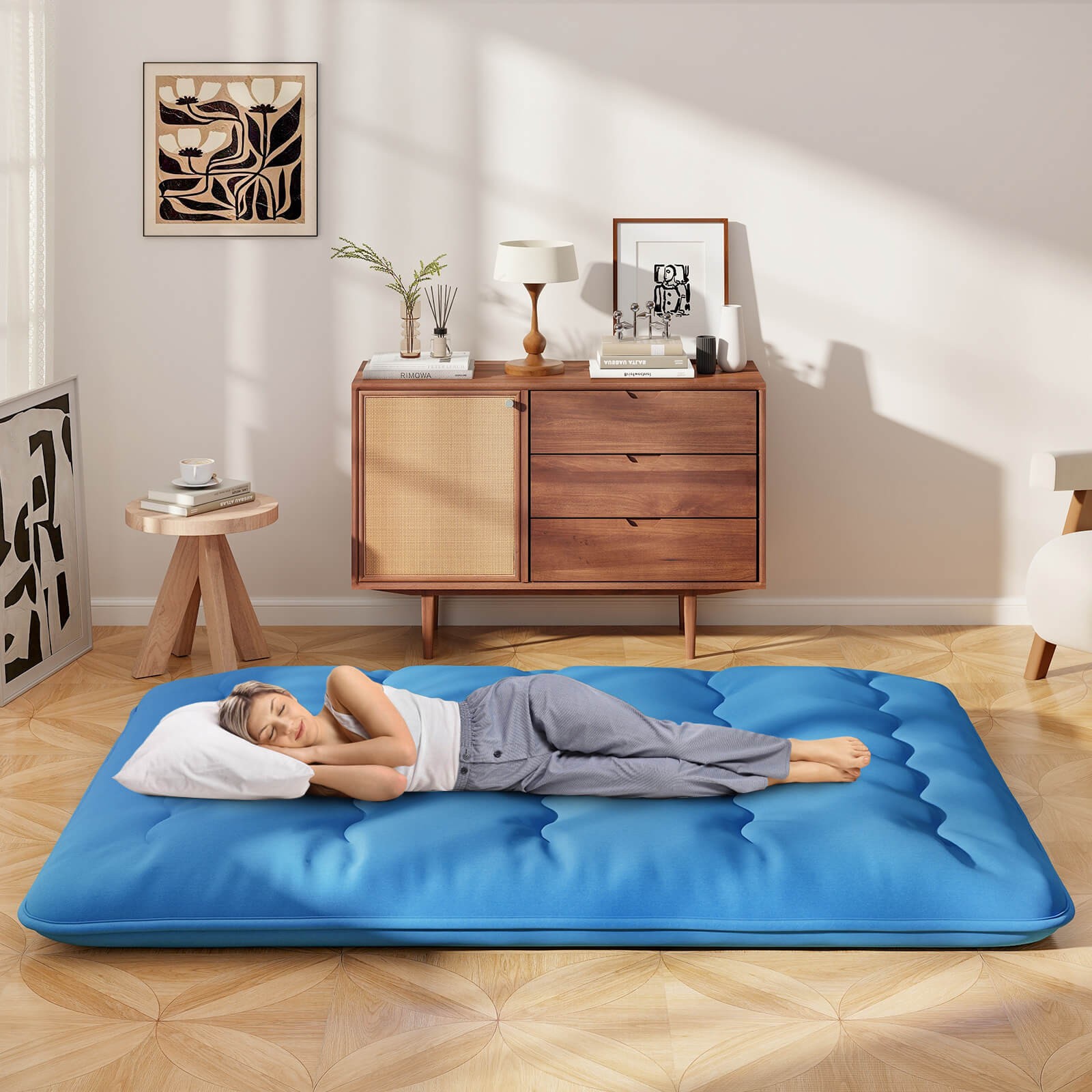 Queen Futon Mattress Japanese Sleeping Pad Lounge Bed w/ Washable Cover Blue