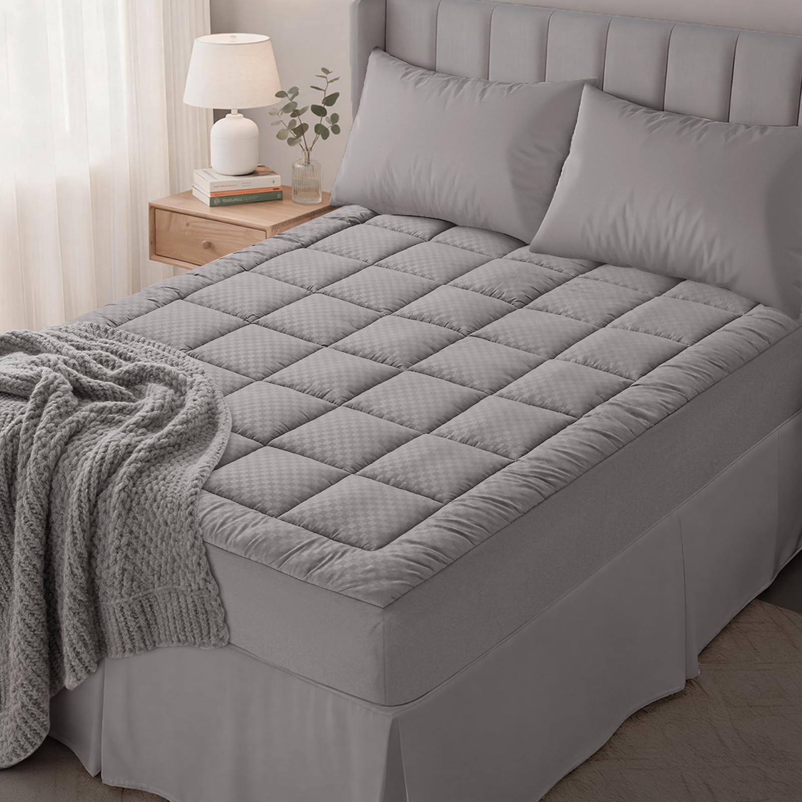 Queen Mattress Pad Quilted Pillow Top Cooling Deep Pocket Light Grey Bed Prot…