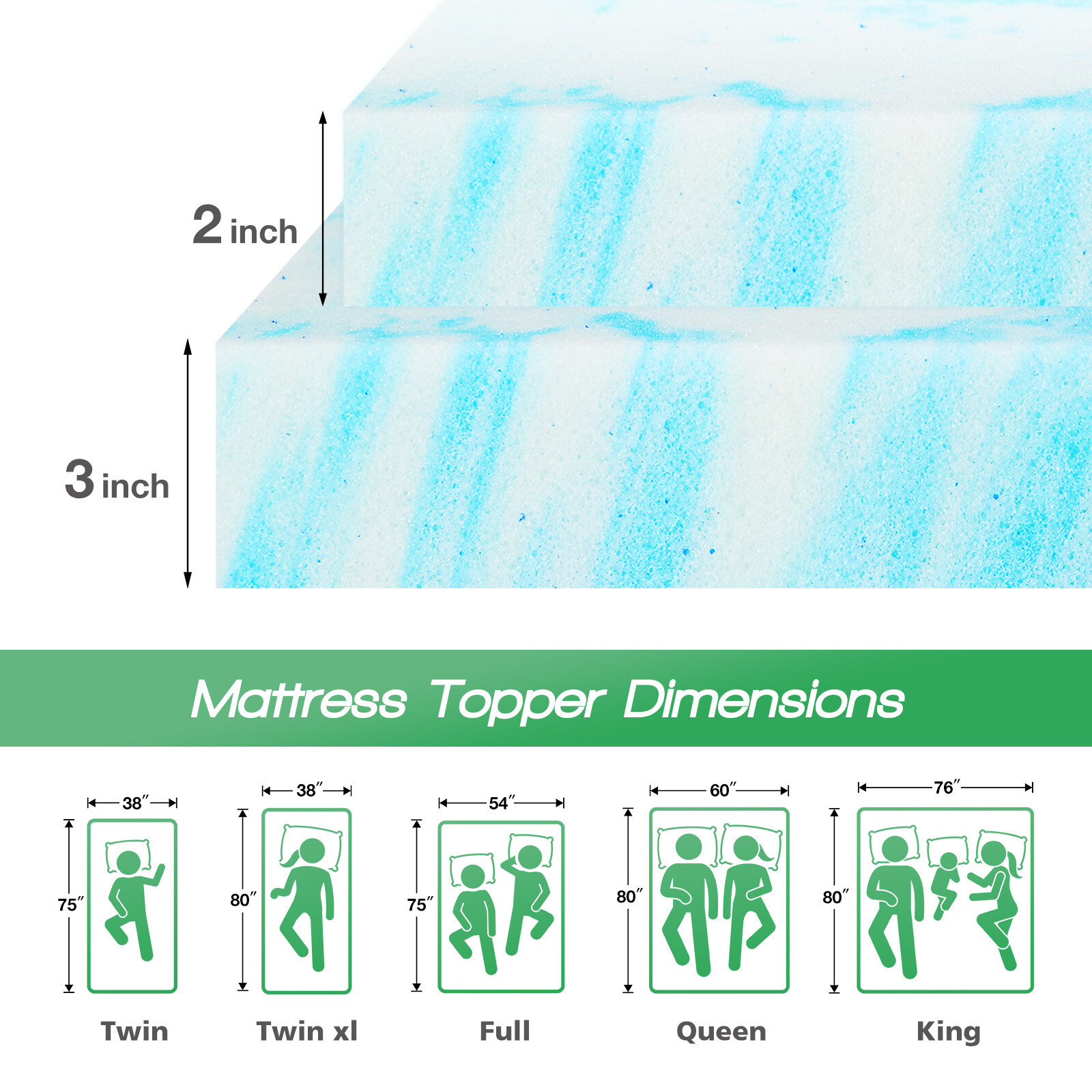 2/3 Inch Thick Mattress Topper for Bed/ Sleeper Sofa, RV, Camper