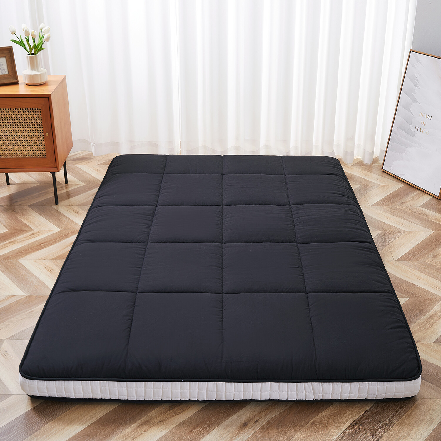 Japanese Floor Mattress Traditional Shiki Futon Lounger Couch Bed Pad Black Mat