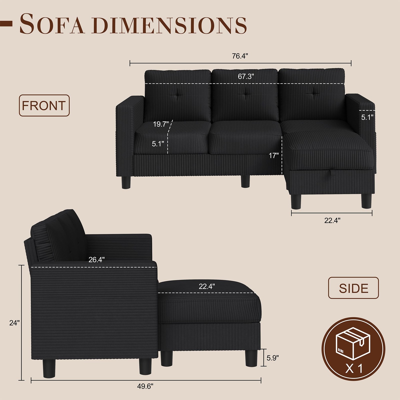 JAMFLY Convertible L-Shaped Sectional Sofa with Reversible 77 Inch, Black