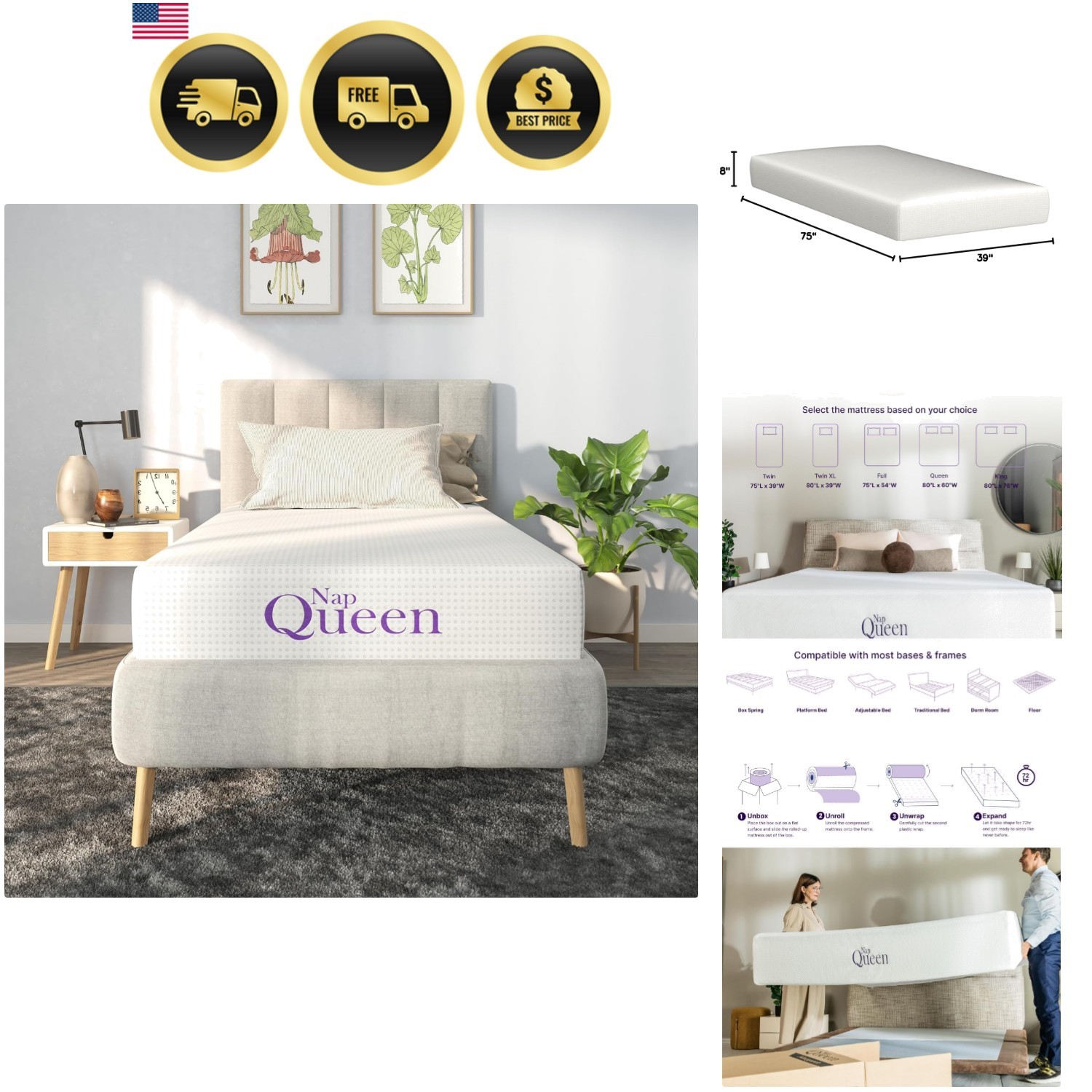 8 Inch Twin Size Mattress, Bamboo Charcoal Memory Foam Mattress, Bed in a Box