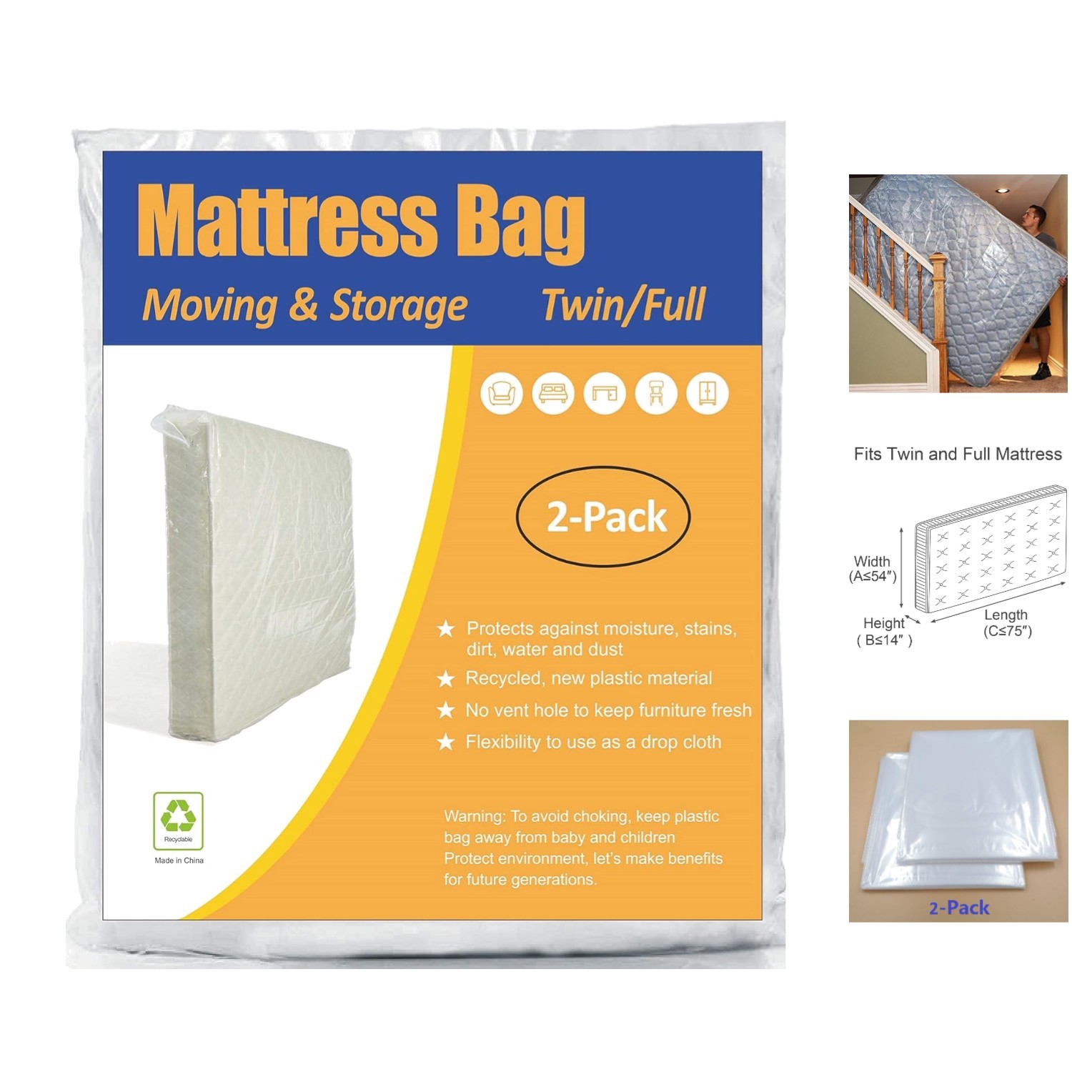 Lightweight Twin & Full Mattress Storage Bags – 2 Pack Clear Protection