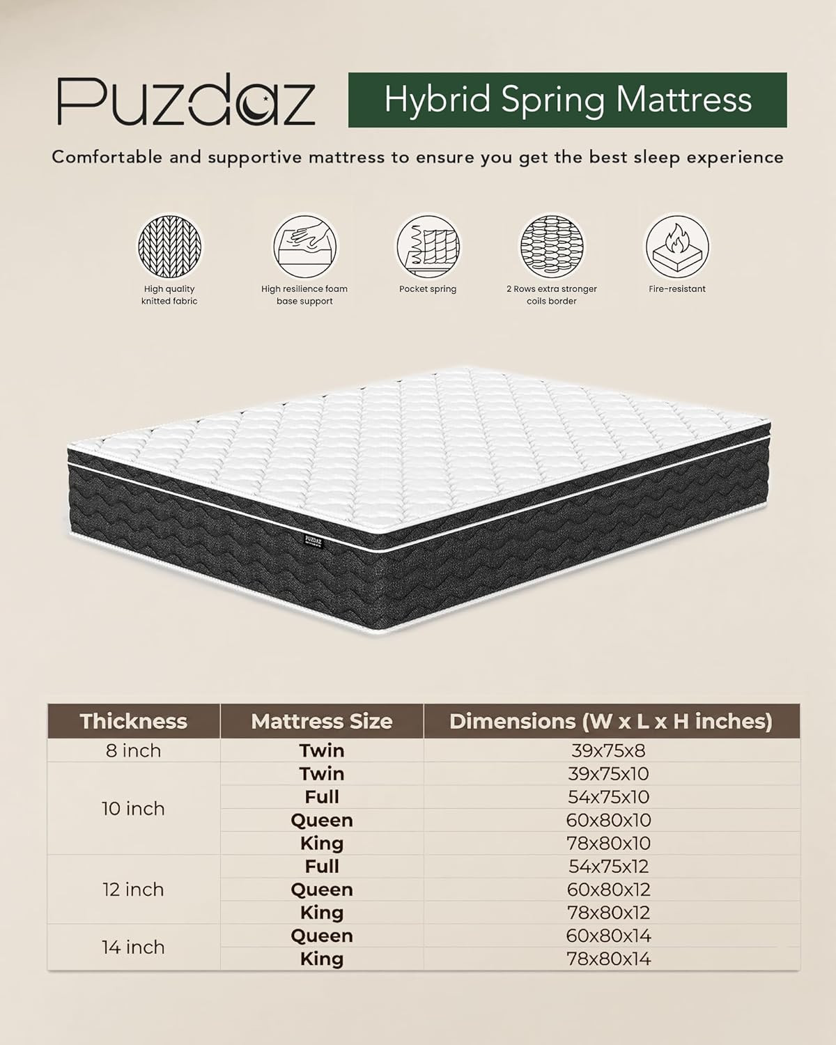 Queen 12″ Hybrid Mattress Memory Foam Pocket Coil Medium Firm