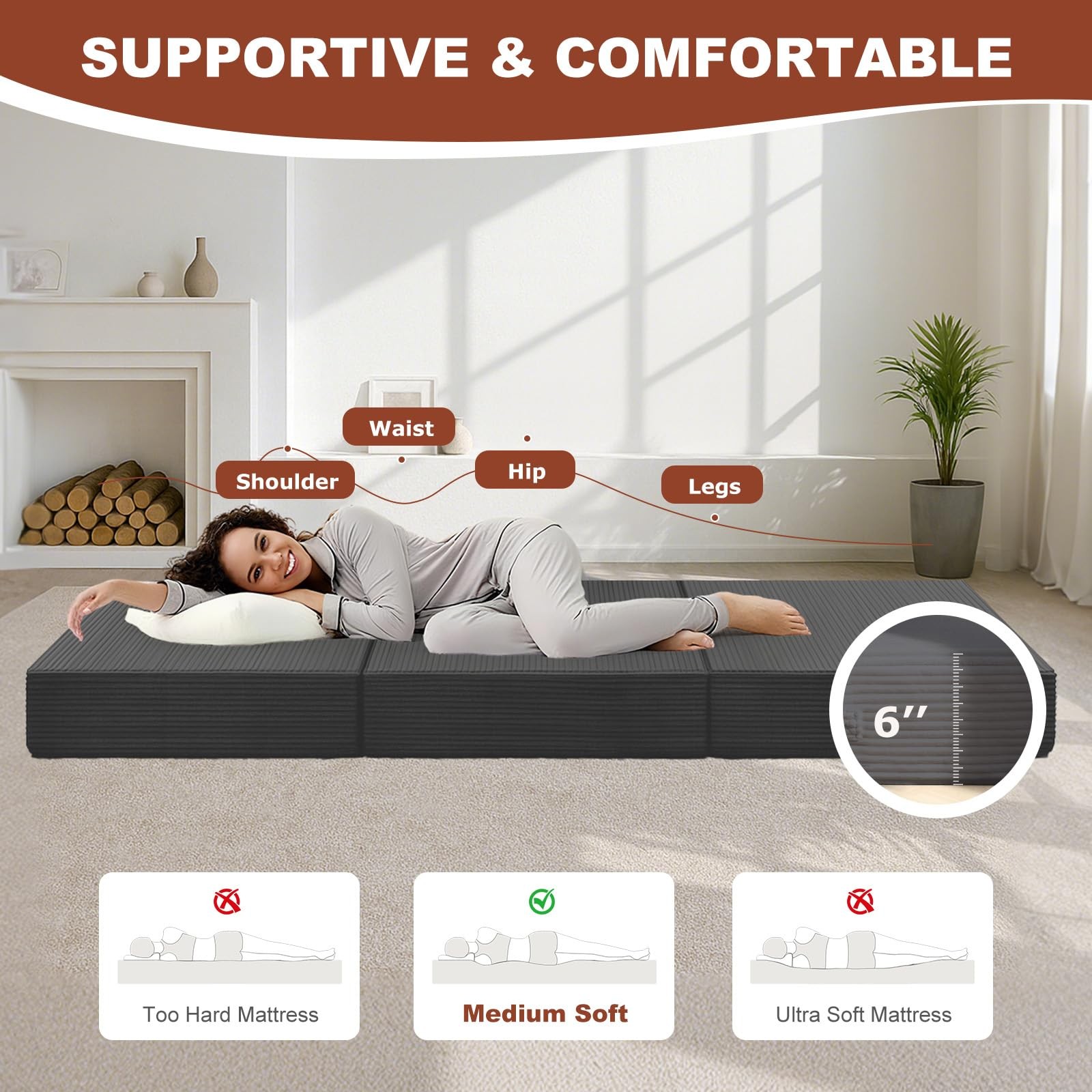 6-Inch Tri-Fold Foldable Mattress, Folding Sofa Bed with Removable Washable C…