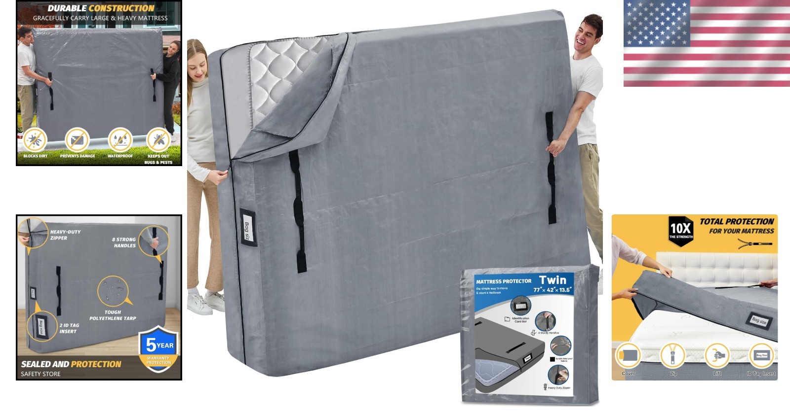 Mattress Bags for Moving and Storage Waterproof Twin Mattress Cover Grey