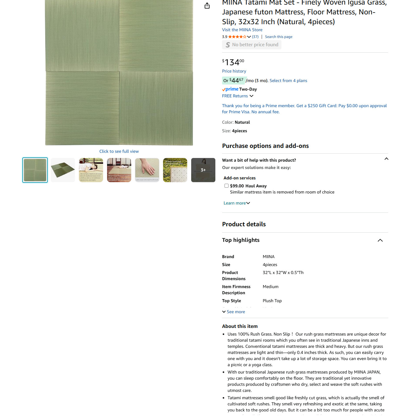 MIINA Tatami Mat Set – Finely Woven Igusa Grass, Japanese futon Mattress#2587QY1