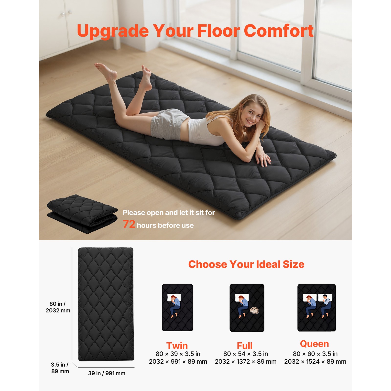 Uimoso Japanese Twin Tatami Mattress Foldable Futon Mat with Storage Bag Black