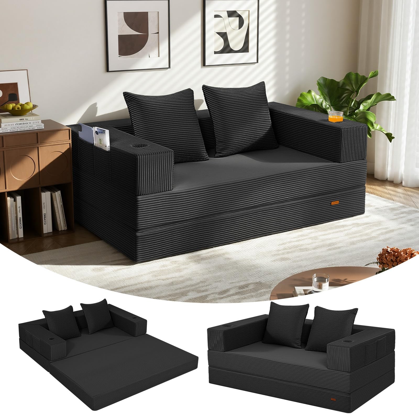 COMAX Futon Sofa Bed, 4‑in‑1 Convertible L-Shaped Loveseat, Black