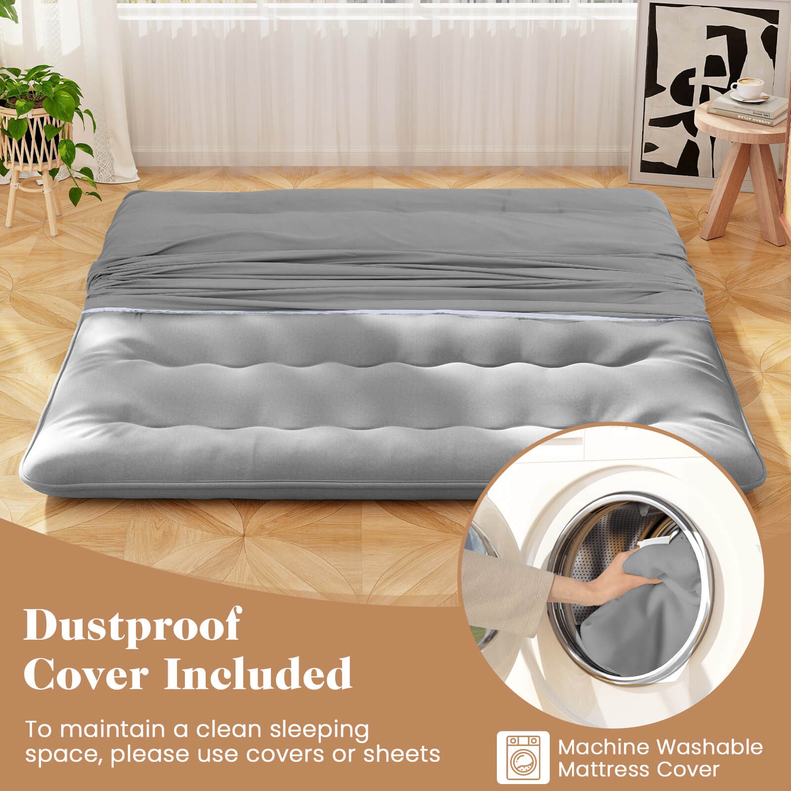 King Futon Mattress Japanese Floor Pad Washable Cover Carry Bag Gray
