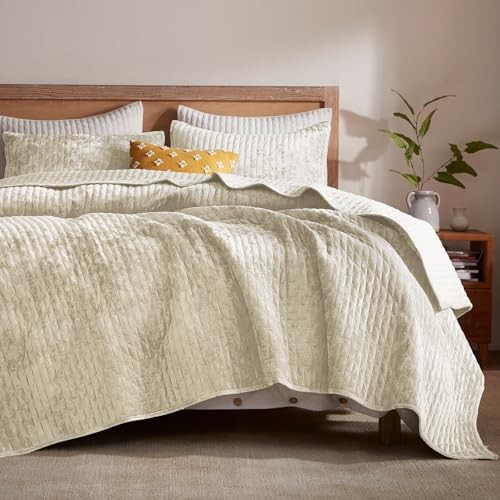 Velvet Quilt Set Full/Queen Size 90”x98”, Lightweight Beige Velvet