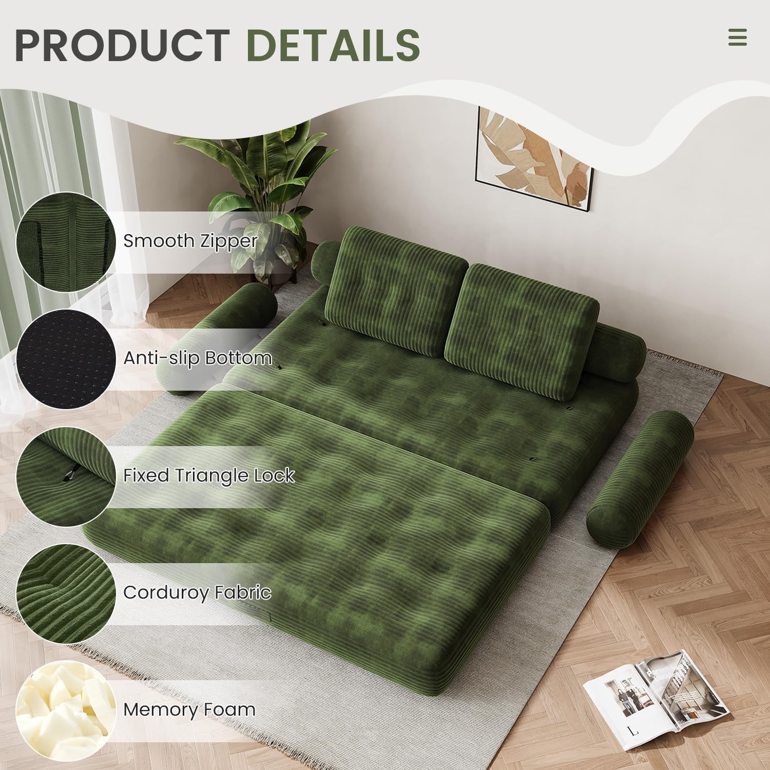 59″ Convertible Sofa Bed, Folding Loveseat Sleeper Chair with Pillows