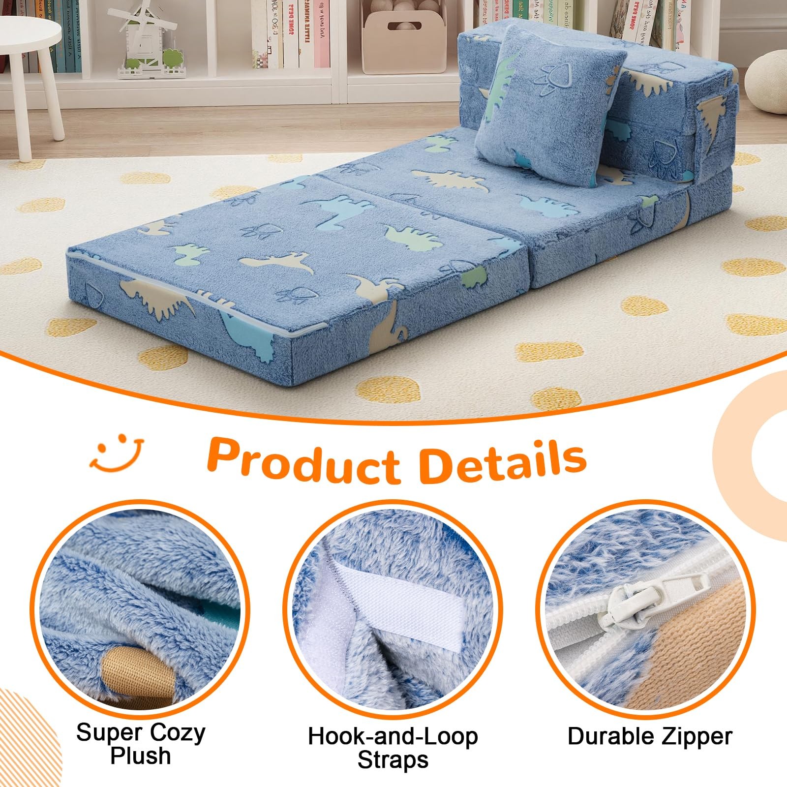 Foldable Futon Chair Bed for Kids, Glow Tri-fold Sofa Bed Convertible Toddler…