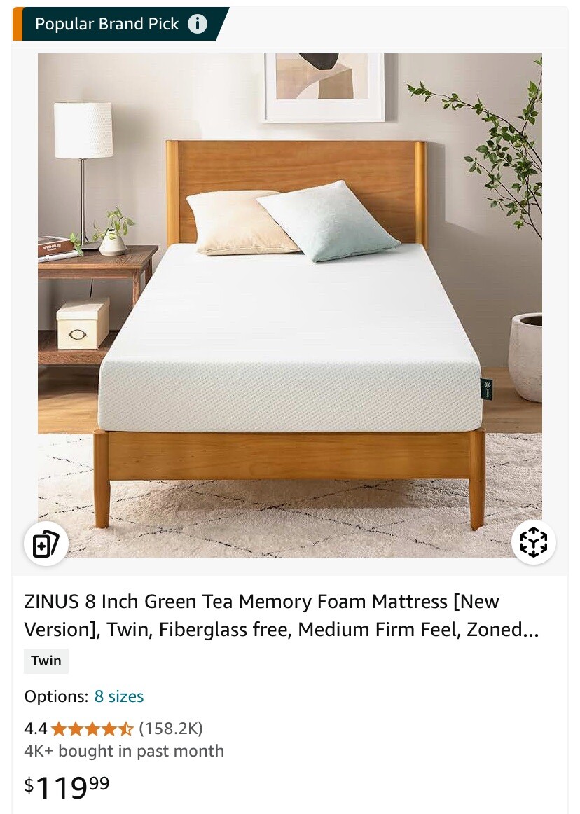 Zinus 10 Inch Green Tea Memory Foam Mattress Twin Size Brand New Sealed No Box