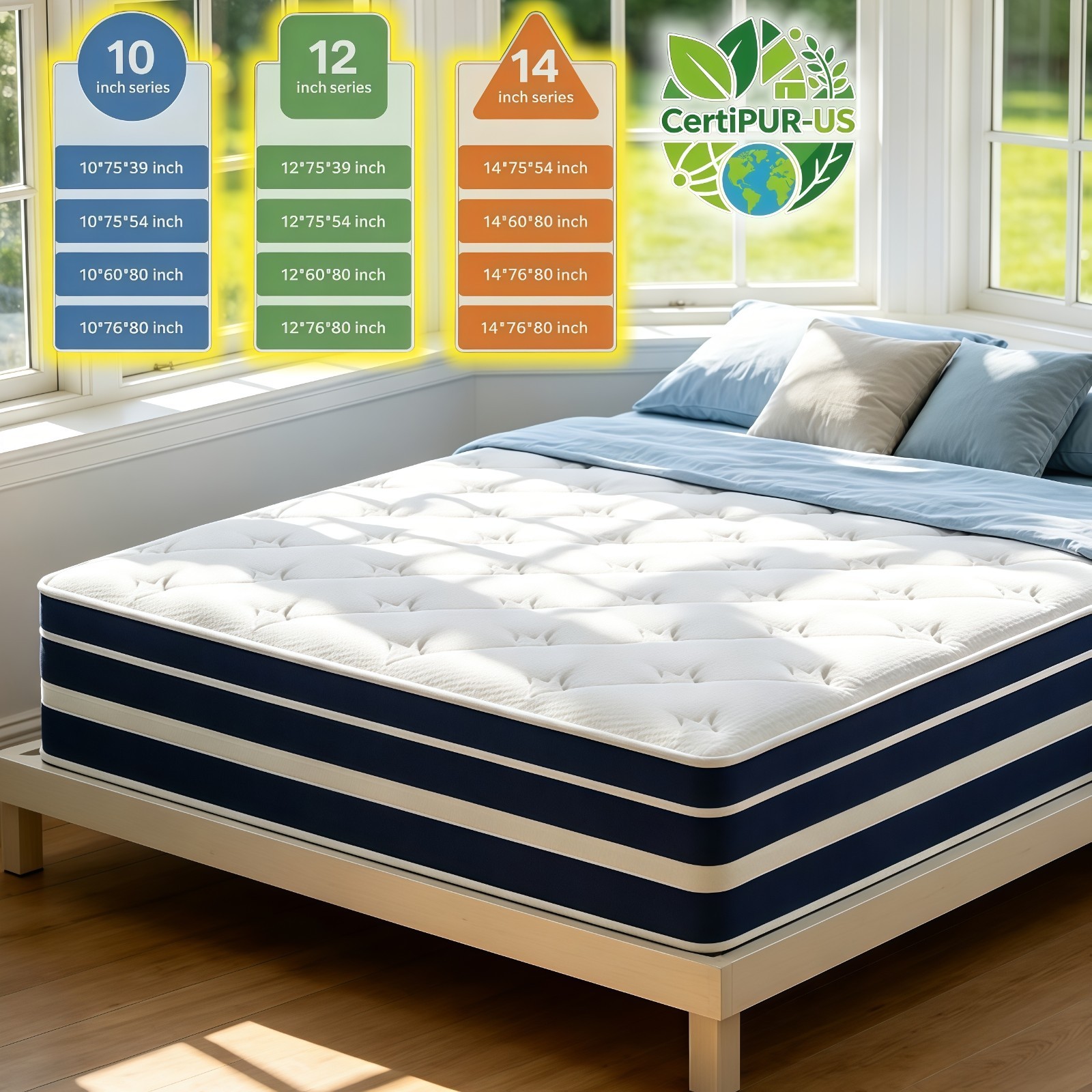 12/14” Gel Memory Foam Hybrid Mattress Twin Full Queen King Size In a Box Blue