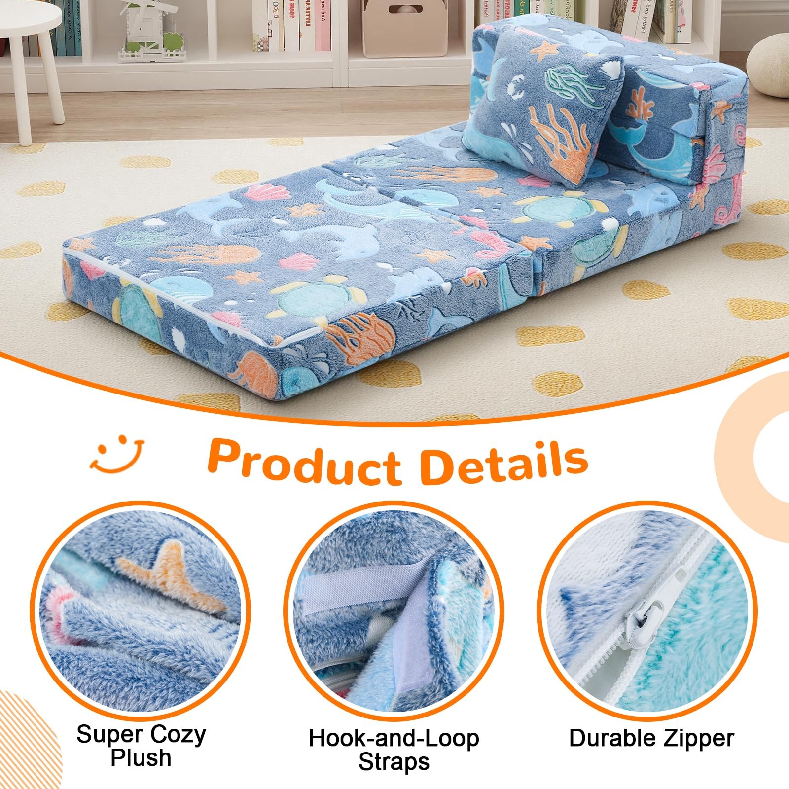 Foldable Futon Chair Bed for Kids, Glow Tri-fold Sofa Bed Convertible Toddler…
